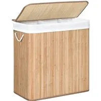 Songmics Wäschekorb mit 3 Sortierfächern, 150 l - Wäschekorb in Holzfarbe mit 3 Fächern für optimale Wäschetrennung, abnehmbarer Innensack aus atmungsaktivem Material und praktische Baumwollseilgriffe für einfaches Tragen.