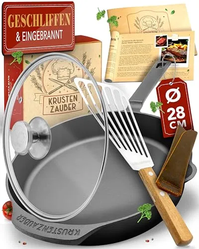 KRUSTENZAUBER Gusseisenpfanne 28cm - Induktionsgeeignet mit Deckel und Pfannenwender - Pfanne für traditionelles Kochen, ideal für saftige Steaks und knusprige Bratkartoffeln. Vielseitig einsetzbar auf Grill, Ofen und Induktion. Hochwertige Verarbeitung für beste Ergebnisse.