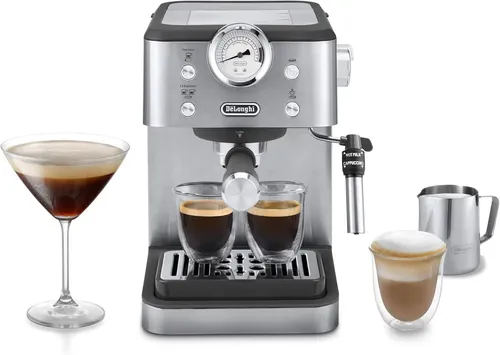 De'Longhi Siebträgermaschine Linea Classic EM450.M - Espresso- & Kaffeemaschinen mit 15 Bar Druck für intensiven Espresso, Thermoblock Heizsystem für schnelle Aufheizung und professionellem Milchaufschäumer für vielfältige Getränkeoptionen.
