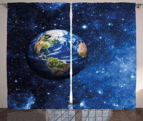 ABAKUHAUS Platz Rustikaler Vorhang, Planet Erde Sonnensystem, Wohnzimmer Universalband Gardinen mit Schlaufen und Haken, 280 x 175 cm, Grün Blau