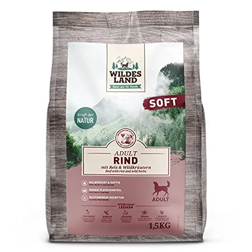 Wildes Land - Halbfeuchtes Trockenfutter für Hunde - Rind - 1500 g - Soft mit Reis und Wildkräutern - Glutenfrei - Extra viel Fleisch - Für alle Hunderassen - Beste Akzeptanz