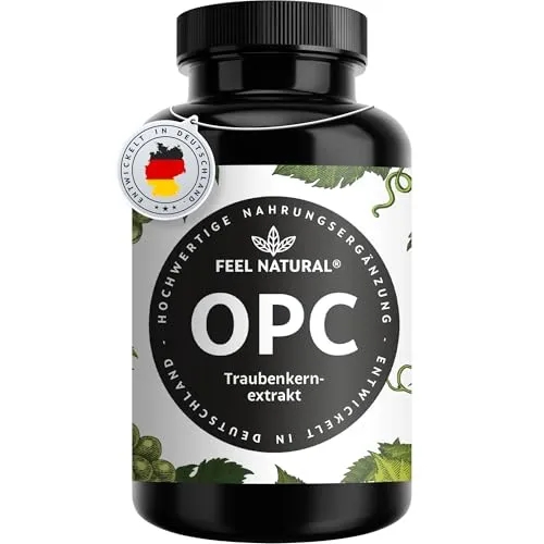 OPC Traubenkernextrakt – 240 Kapseln mit 1000mg OPC Extrakt - Fruchtextrakt aus Traubenkernen, hochdosiert mit 700mg OPC pro Tagesdosis, unterstützt die Haut und sorgt für ein strahlendes Aussehen, aus nachhaltigem Anbau in Frankreich.
