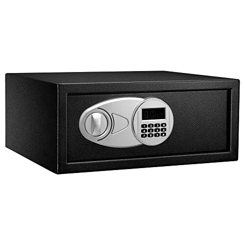Amazon Basics Tresor aus Stahl, Sicherheit für Zuhause, mit digitaler Tastatursperre – für Bargeld, Schmuck, Ausweise, Dokumente, 20 l, 43 cm x 37 cm x 18 cm (B x T x H), Schwarz