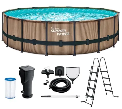 Summer Waves Frame Pool Komplettset | Rund 488x122 cm Teak Optik Braun | Aufstellpool Set | Gartenpool & Schwimmbecken inkl. Filterpumpe, Einstiegsleiter, Abdeckplane, Bodenvlies & Reinigungsset