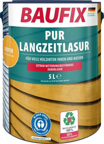 BAUFIX PUR Langzeitlasur Kiefer Seidenmatt 5L - Hochwertige Holzlasur - BAUFIX PUR Langzeitlasur ist ideal für Nadel- und Harthölzer. Mit Polyurethan für erhöhte Haltbarkeit, witterungs- und UV-beständig. Perfekt für Innen- und Außenanwendungen, sorgt für langlebigen Schutz und eine ansprechende Oberfläche.