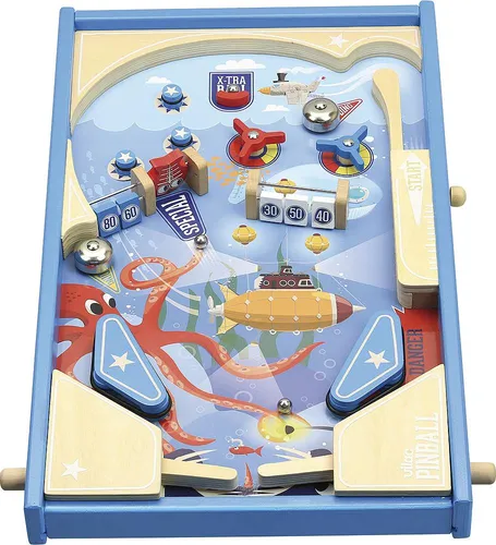 Vilac Hölzerne große Flipperkugel - Gesellschaftsspiel mit 3 Metallkugeln, abnehmbaren Holzfüßen und spannender Unterwasserschlacht für höchste Punktzahlen – ideal für Spielspaß und Geschicklichkeit!