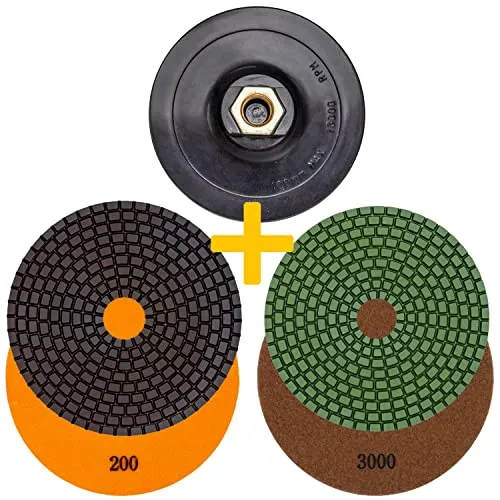 EDW Profi Diamant Schleifpad-Set NASS, Reparatur-Set, 100mm, Körnung 200 + 3000, Klett-Aufnahmeteller M14, für Granit, Naturstein, Marmor, Glas