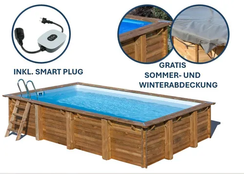 GRE Rechteckiger Echtholzpool EVORA 620 x 420 x 133 cm - Premium Swimmingpool aus Kiefernholz mit Kesseldruckimprägnierung für längere Lebensdauer. Inklusive Smart Plug und GRATIS Abdeckungen für Sommer und Winter.