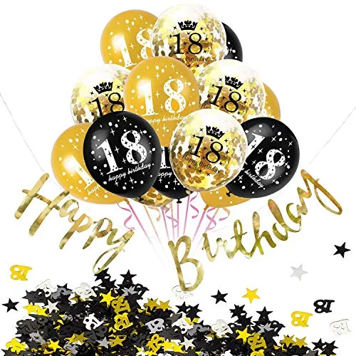Oblique Unique® 18. Geburtstag Party Feier Deko Set - Happy Birthday 18 Konfetti Luftballons Set + Girlande + Konfetti Zahl 18 + Sterne Gold Silber Schwarz Mix