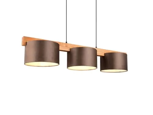 Holzbalken Pendelleuchte 3-flammig mit Samt Lampenschirmen - Hängeleuchte im Landhausstil, ideal für gezielte Beleuchtung über Esstisch. Der Material-Mix aus Stoff und Naturholz sorgt für ein angenehmes Wohnambiente. Breite 100 cm, perfekt für jeden Raum.