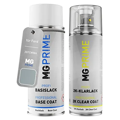 MG PRIME Autolack 2K Spraydosen Set für Ford 2QTCWWA / PNUQT0 / A Machine Silver Metallic/Cosmic Silber Metallic Basislack 2 Komponenten Klarlack Sprühdose