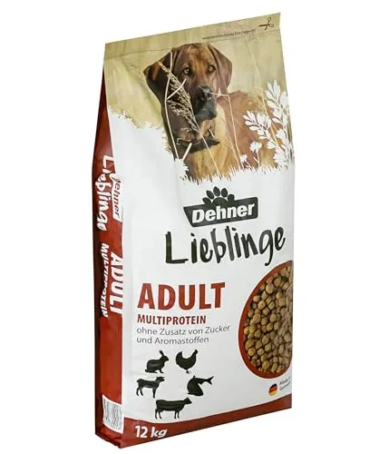 Dehner Lieblinge Hundefutter Multiprotein 12 kg - Trockenfutter für ausgewachsene Hunde mit 5 hochwertigen tierischen Proteinen, fördert die Zahnhygiene und bietet eine optimale Nährstoffversorgung für ein aktives Leben.