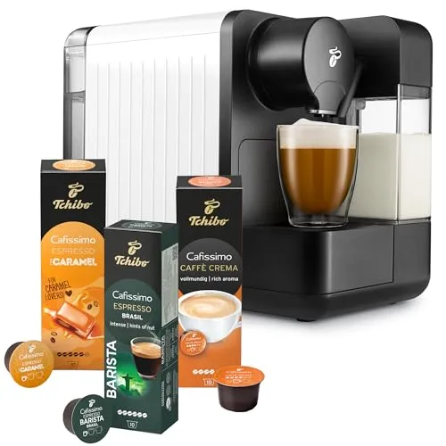 Tchibo Cafissimo „milk“ Kaffeemaschine – Kapselmaschine mit 30 Kapseln, inklusive Milchaufschäumer für perfekten Milchschaum, ideal für Espresso und Caffè Crema