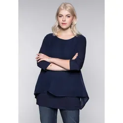 Blusenshirt SHEEGO "Große Größen", Damen, Gr. 40/42, blau (marine), Obermaterial: 95% Viskose, 5% Elasthan;Webteil: 100% Polyester, unifarben, klassisch, figurumspielend normal, Rundhals, 3/4-Ärmel, Shirts, in leichter A-Linie mit Zipfelsaum