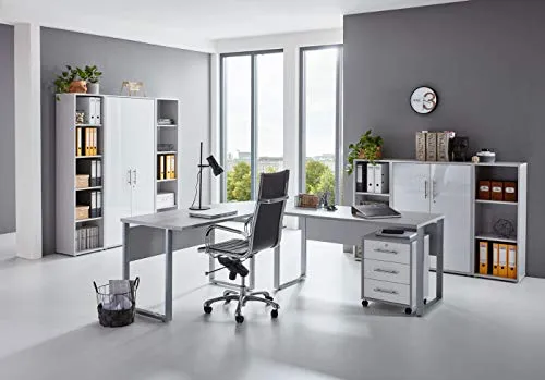 BMG-Moebel.de Büromöbel Set Office Edition Lichtgrau/Weiß Hochglanz - Komplettes Büromöbel Set für Ihr Arbeitszimmer: Hochwertiger Winkelschreibtisch, abschließbarer Rollcontainer und Aktenschränke mit elegantem Hochglanz-Finish - ideal für ein modernes Büro.