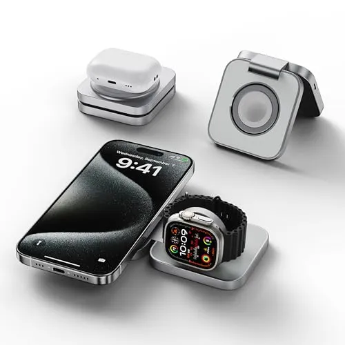 LULULOOK Aluminium 2 in 1 Faltbar Kabelloses Ladestation, Magnetisch Kabelloses Ladegerät für iPhone 16 Pro Max/16, 5W Schnelles Aufladen für Apple Watch Ultra 2/Ultra, AirPods, Mehrere Geräte(Silber)