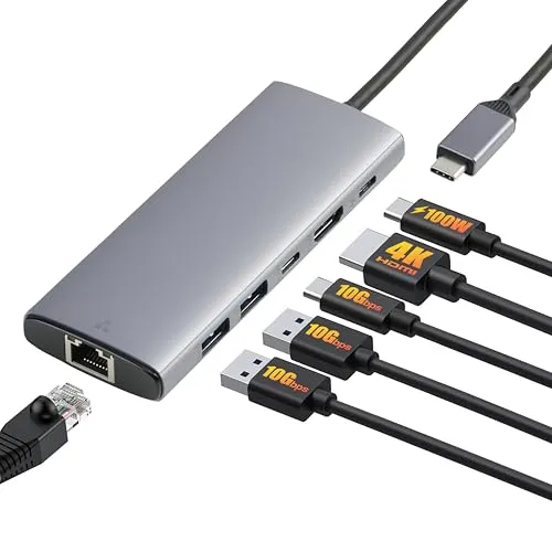 Amazon Basics USB C Hub für PC Laptops, 6-in-1 Multiport Adapter mit 100W Max PD Ladung, 4K HDMI, 2 USB-A Anschlüsse, Ethernet, Type C Datenanschluss