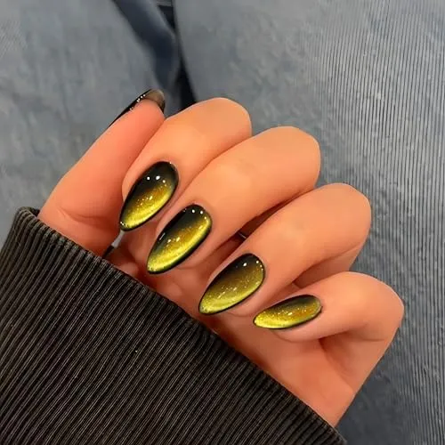KQueenest Cat Eye Press On Nails - Schwarz Nägel zum Aufkleben Mandel Mittel, Sparkle Glitzer Gold Fake Nails Set, Luxus Bling Acryl Künstliche Fingernägel zum aufkleben für Frauen, 30 Stück