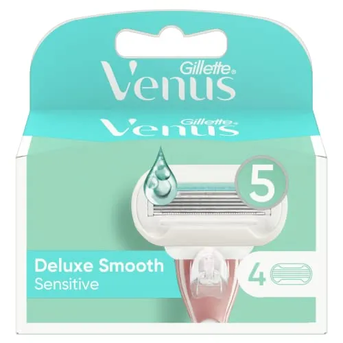 Gillette Venus Deluxe Smooth Sensitive Ersatzklingen für Damenrasiermaschine, 4 Stück, Maschinensets mit 5 Klingen und Skinelixir Feuchtigkeitsband