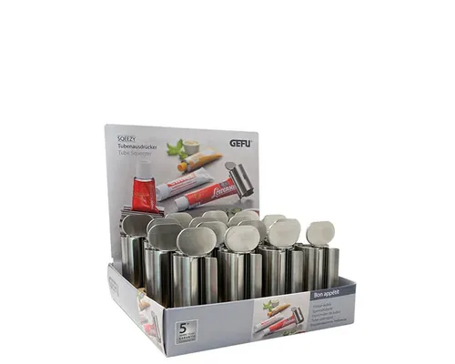 GEFU Tubenquetscher SQEEZY – 16 Stück im Display - Praktischer Tubenausdrücker für eine saubere Anwendung. Der SQEEZY ermöglicht es, jede Tube bis zum letzten Rest zu entleeren und bietet einen stabilen, platzsparenden Stand durch seinen breiten Boden. Ideal für Küche und Bad.