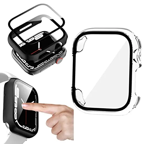 Wigento Für Apple Watch Series 9 8 7 45mm / 6 SE und 2023 2022 5 4 44mm 2 in 1 Shockproof Hart Uhr Hülle Cover + H9 Hart Glas Transparent