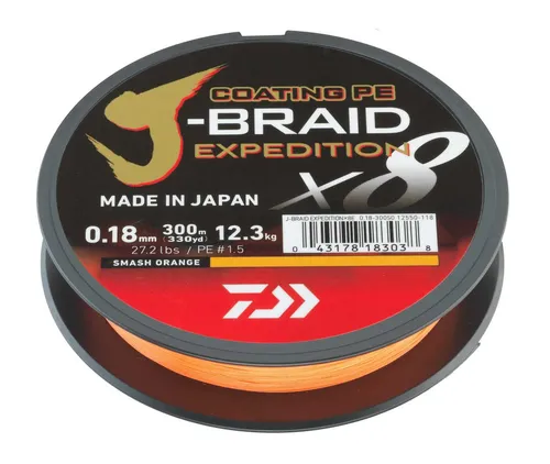 Daiwa J-Braid Expedition X8E 0.18mm 300m Smash Orange - Hochwertige geflochtene Angelschnur aus japanischen Izanas Fasern, mit extrem glatter Silikonbeschichtung für hohe Knotenfestigkeit und Langlebigkeit - ideal für anspruchsvolle Angler.