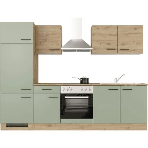 Flex Well Küchenzeile Cara 270 cm grün eiche matt - Moderne Küchenzeile (270 cm) mit flexibler Montage, inklusive energiesparenden Elektrogeräten. Ideal für stilvolle und funktionale Küchenausstattung.