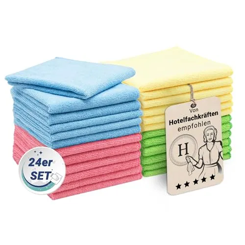 ZOLLNER 24er Set Mikrofasertücher für streifenfreien Glanz - flusenfreie und saugstarke Reinigungstücher - waschbar bis 60°C - Mehrfarbig in 32x32cm - Hotelqualität
