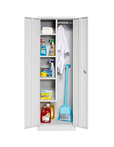 furni24 TÜV/GS - Metall Putzmittelschrank – Wäsche Schrank aus Stahl mit Türen, Garderobenstange, große Fächer, Hutablage, fertig montiert - Grau, XXL 60 x 50 x 180 cm