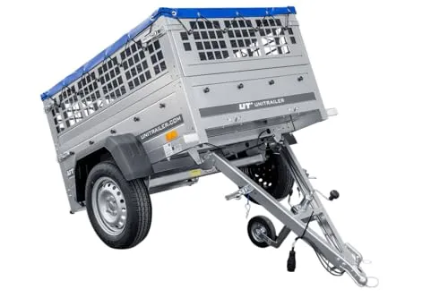 Kleiner Autoanhänger für den Garden Trailer, 150 Kipp - Praktischer Gartenanhänger mit Stützrad, Seitengitter und flacher Plane in Blau, ideal für Transport und Gartenarbeiten.