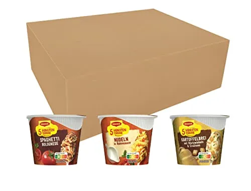 Maggi fünf Minuten Terrinen, Sortimentsbox, Leckere Fertiggerichte in 3 verschiedenen Geschmacksrichtungen, Im praktischen Becher, 24er Pack (24 Becher)