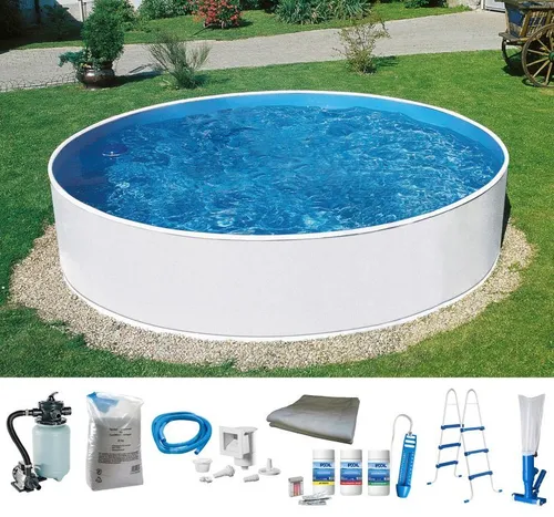 my POOL BWT Rundpool ALL IN - Komplett-Set mit 8-tlg Zubehör - Swimmingpools - Hochwertiges Stahlwandbecken mit 6000 l Füllmenge, inklusive Sandfilteranlage und Wasserpflege-Set für sorgenfreies Schwimmen.