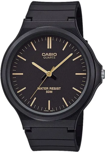 CASIO TIMELESS COLLECTION Quarzuhr MW-240-1E2VEF - Armbanduhr für Herren mit analoger Anzeige, wasserdicht bis 5 bar. Das elegante schwarz-goldfarbene Resinarmband und das Acrylglas verleihen einen klassischen Look.