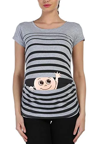 Winke Winke Baby - Lustige witzige süße Umstandsmode gestreiftes Umstandsshirt mit Motiv für die Schwangerschaft Schwangerschaftsshirt, Kurzarm (Grau, Small)