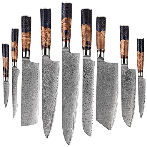 Muxel Damast Küchenmesser Set 9-TLG - Extrem scharfe Kochmesser - Küchenmessersets mit einzigartigen Damastklingen aus VG10 Stahl, ergonomischen Griffen und perfekter Balance für müheloses Schneiden. Ideal für jede Küche und ein tolles Geschenk!