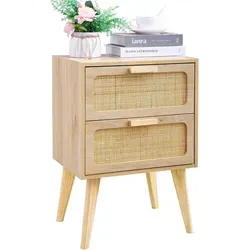 Rattan Nachttisch mit 2 Hand Made Rattan Schubladen - Boho Beistelltisch - Moderner Nachttisch mit robusten Buchenholzbeinen und großem Stauraum durch zwei Schubladen, ideal für ein organisches Ambiente.