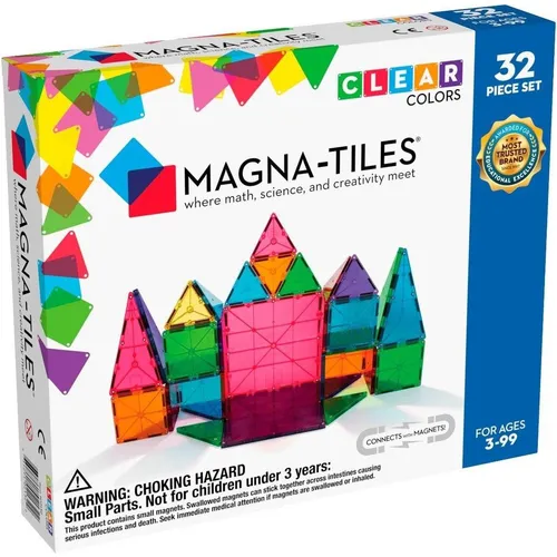 Magna-Tiles - Clear Colours 32 pcs - Bausets für kreatives Spielen und Lernen, fördert Formerkennung und Problemlösungsfähigkeiten. Das originale Set mit klassischen geometrischen Formen in Primärfarben, ideal für Kinder ab 3 Jahren.