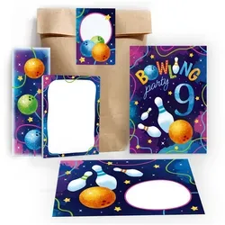 JUNAPACK Einladungskarten Bowling zum 9. Geburtstag Einladungen Karten mit Umschlägen Mitgebsel, Mitbringsel Set Kegeln Gastgeschenke zum neunten Geburtstag Aquarell