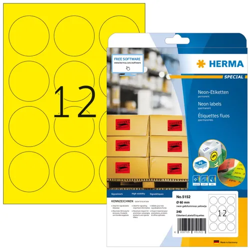 HERMA 5152 Neonetiketten DIN A4 rund Ø 60 mm neongelb permanent haftend 240 St.