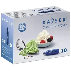 Kayser Schlagsahne Einwegpatronen 7,5 g - 10 Stück - Kompatible Sahne-Patronen für Kayser und andere Flaschen, verwandeln 0,5 l Sahne in bis zu 1,5 l fluffige Schlagsahne, aus hochwertigem recyceltem Stahl.
