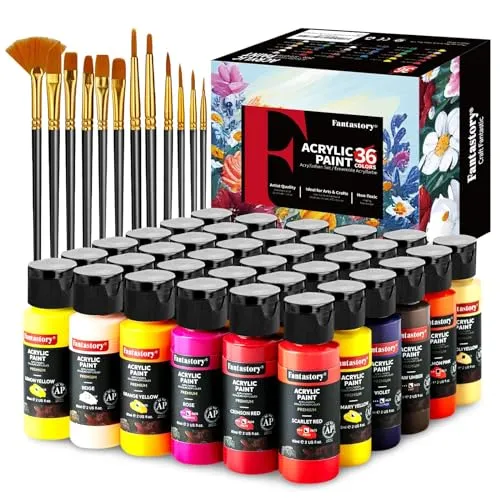 Fantastory Acrylfarben Set, 60mlx36 klassische Acrylic Paint,12 Pinseln;wasserfest,hohe Lichtechtheit,ungiftig;für Leinwand,Holz,Keramik,Modelle,Stoffe;Maler,Erwachsene[ProfessionelleSerie]