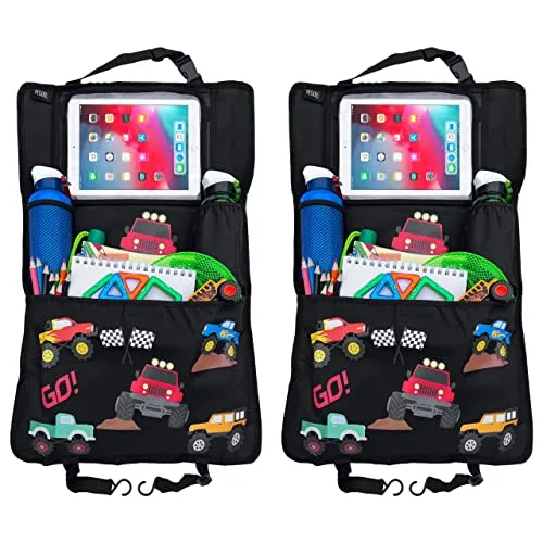 HECKBO 2x Kinder Autositz Rückenlehnenschutz Organizer verstellbarer Tablet Tasche – Monster Truck - 70x45cm + Getränkehalter + Aufbewahrungsnetz