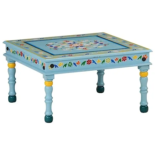 vidaXL Couchtisch, Tisch für Wohnzimmer, Beistelltisch mit viel Platz, Sofatisch Wohnzimmertisch, Türkis Handbemalt Massivholz Mango