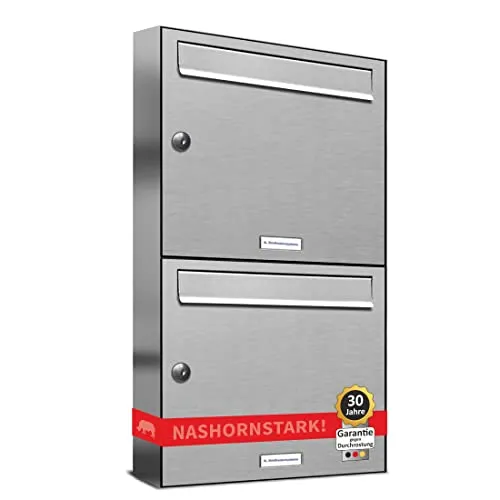 AL Briefkastensysteme 2er Briefkastenanlage Edelstahl - Wandbriefkasten für 2 Parteien, DIN A4-Format, langlebig und rostfrei mit lebenslanger Garantie gegen Durchrostung. Ideal für Mehrfamilienhäuser.