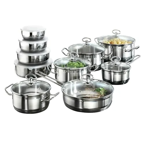 Karcher Topf-Set Jasmin - 20-tlg. Edelstahl Kochtopfset, inkl. Glasdeckel und Schüssel, induktionsgeeignet und spülmaschinenfest