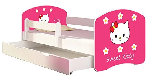 Kinderbett Jugendbett mit einer Schublade und Matratze Weiß ACMA II 140 160 180 40 Design (140x70 cm + Bettkasten, 16 Sweet Kitty 2)