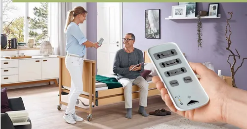 Burmeier Dali Pflegebett - Niedriges Seniorenbett mit Aufrichter - Pflegebett für Senioren, niedrig für einfache Zugänglichkeit und mit Aufrichter für mehr Sicherheit und Komfort.