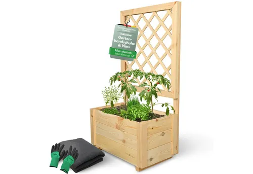 holz4home® Pflanzkasten mit Rankgitter S aus Kiefernholz - Blumenkasten mit Rankhilfe und inkl. Gartenhandschuhe & Vlies, ideal für Balkon oder Garten, schützt Pflanzen und bietet Sichtschutz.