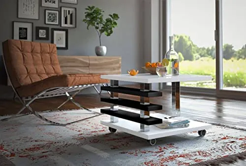 Design Couchtisch DC-2 Weiß Hochglanz/Schwarz Hochglanz 60x60x45cm Rollen eckig Ablage modern quadratisch Wohnzimmertisch Beistelltisch Sofatisch Wohnzimmer kleine Räume Living Room Table