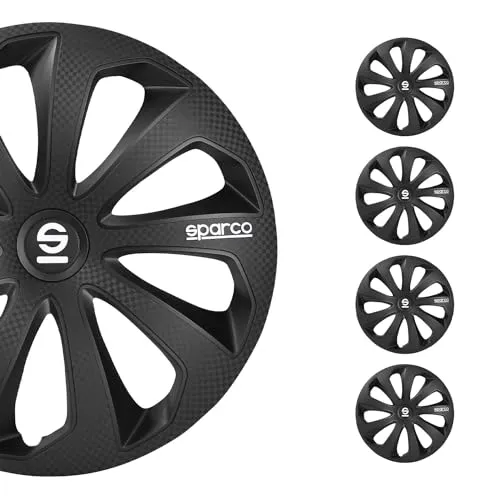 Sparco Radzierblenden Sicilia 16-Zoll - Schwarz/Karbon - Elegante Radkappen im 4er-Set, perfekt für 16-Zoll-Felgen. Verleihen Sie Ihrem Fahrzeug einen sportlichen Look mit der hochwertigen Schwarz/Karbon-Optik.